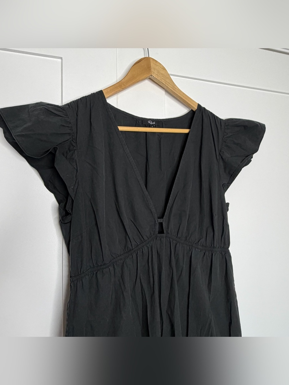 Rails Tina Midi Dress Large black cotton poplin short flutter sleeve cutout - Picture 5 of 12